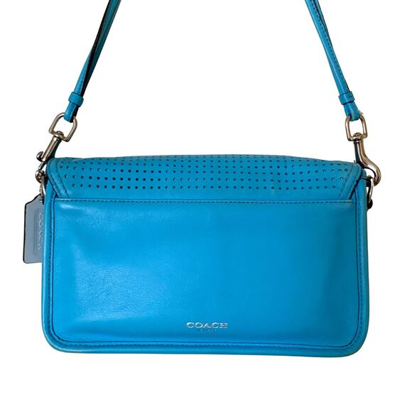 Coach Perforated Vibrant Turquoise Blue Leather Flap Crossbody Shoulder Bag - Picture 4 of 15